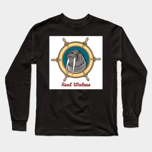 Walrus in seaman shirt against steering wheel drawn in cartoon style. Long Sleeve T-Shirt